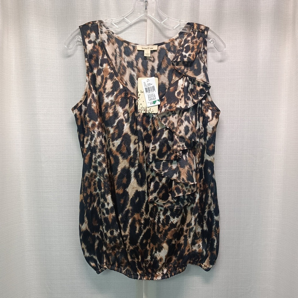 Brina & Em Womens L Leopard Print Ruffle Bubble Hem Sleeveless Blouse Tannin NWT